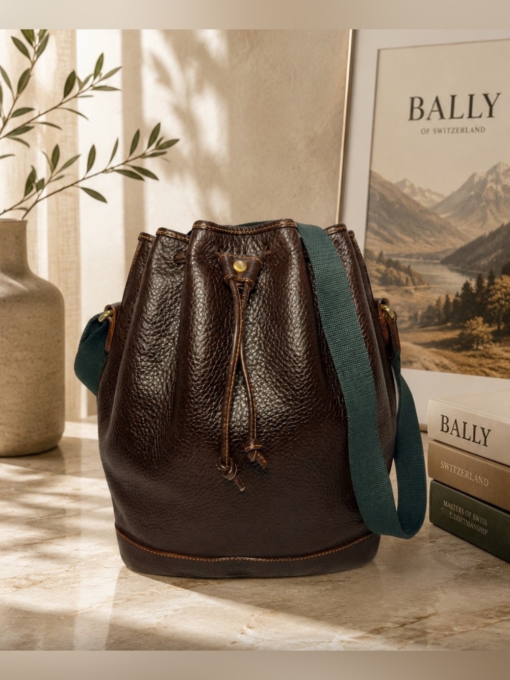 Vintage Bally Pebbled Leather Bucket Bag Drawstring & Hunter Green Canvas Strap